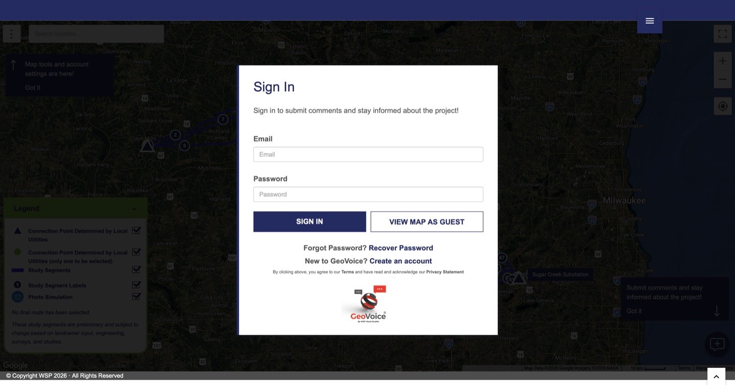 The Sign In box that appears when a guest tries to comment, with Email and Password fields, a SIGN IN button, a VIEW MAP AS GUEST button, and a Create an account link beneath.