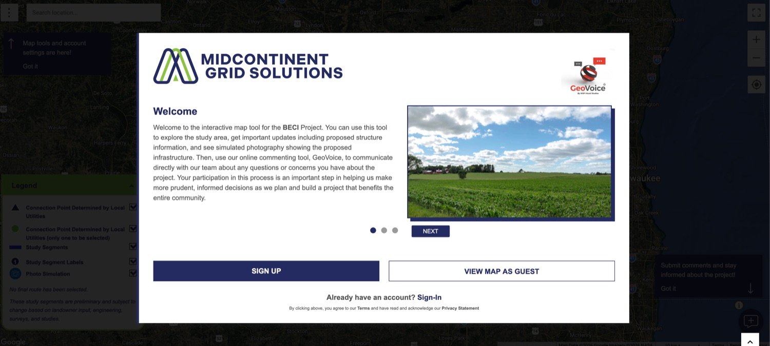 The GeoVoice welcome box over the project map, offering a SIGN UP button and a VIEW MAP AS GUEST button, with a smaller Sign-In link beneath for people who already have an account.