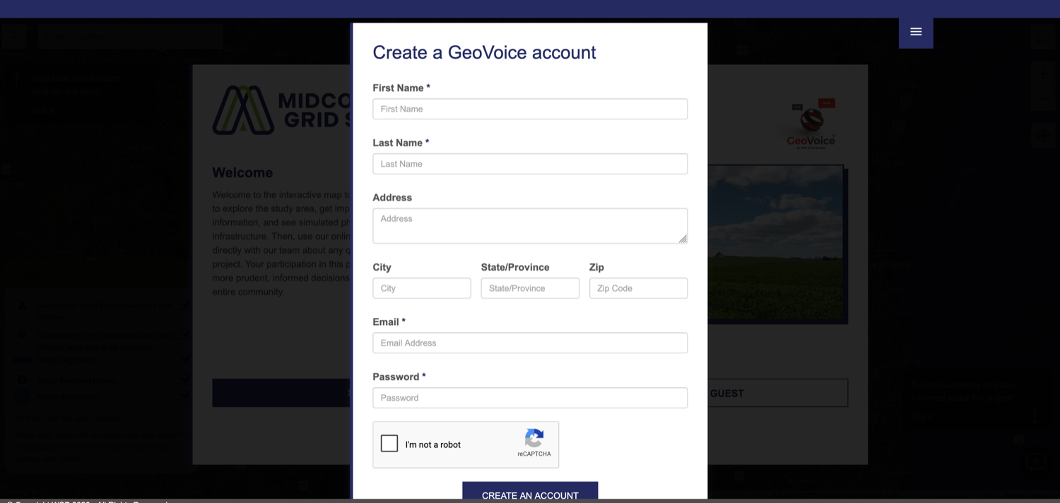The Create a GeoVoice account form, with required First Name, Last Name, Email and Password fields, optional Address, City, State and Zip fields, a reCAPTCHA checkbox and a CREATE AN ACCOUNT button.