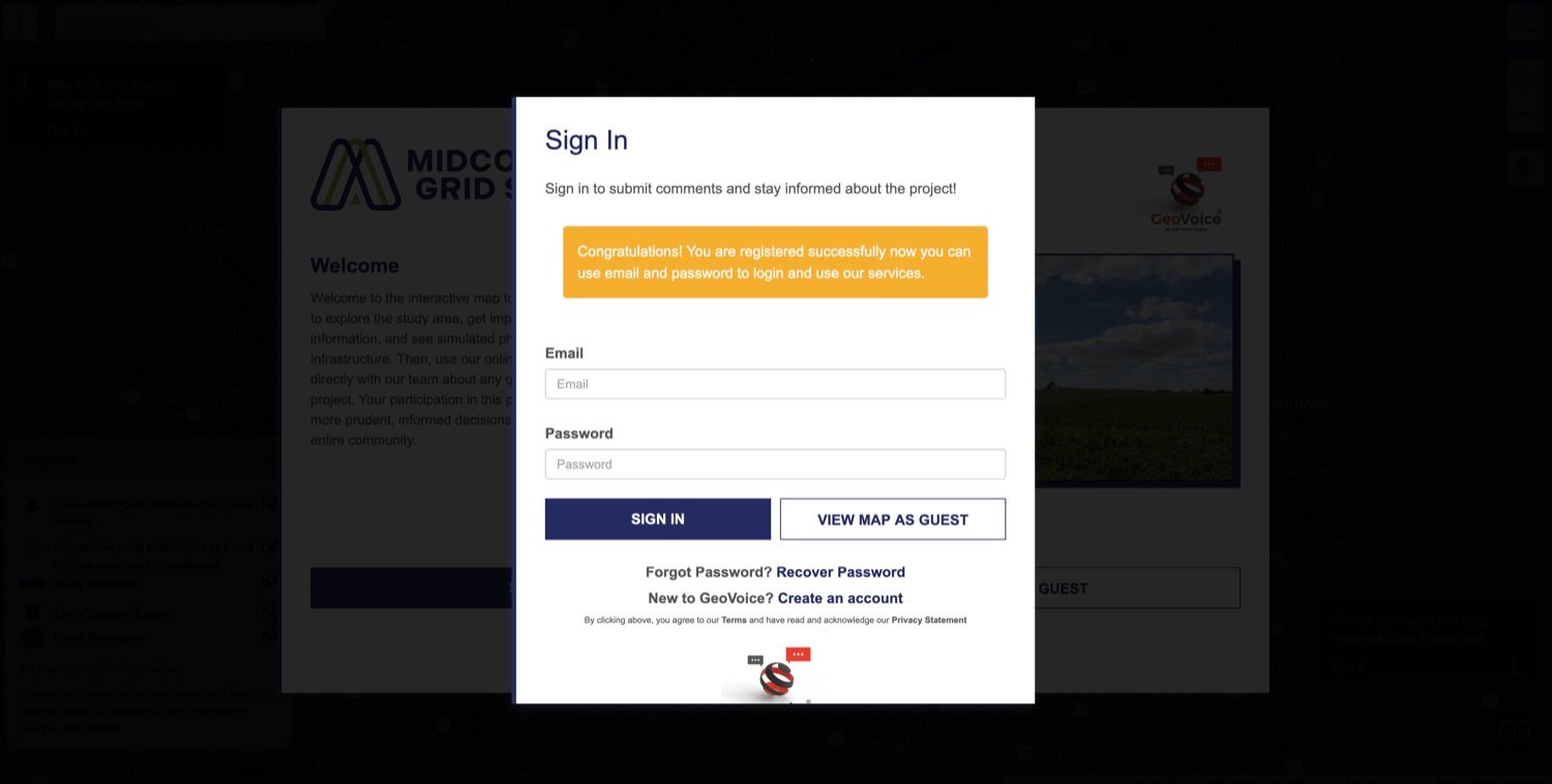 The GeoVoice Sign In box showing a notice that registration succeeded, with Email and Password fields, a SIGN IN button and a VIEW MAP AS GUEST button.