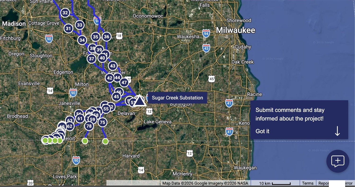 The bottom right corner of the project map, showing numbered study segments across southern Wisconsin and a circular speech-bubble button with a plus sign, labeled Submit comments and stay informed about the project.