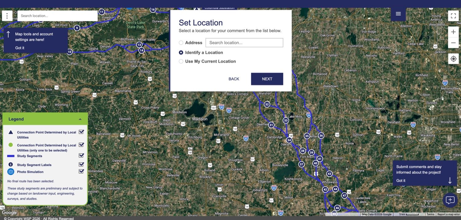The Set Location box over the satellite map, offering Address, Identify a Location, and Use My Current Location options with BACK and NEXT buttons, with numbered study segments visible across southern Wisconsin.