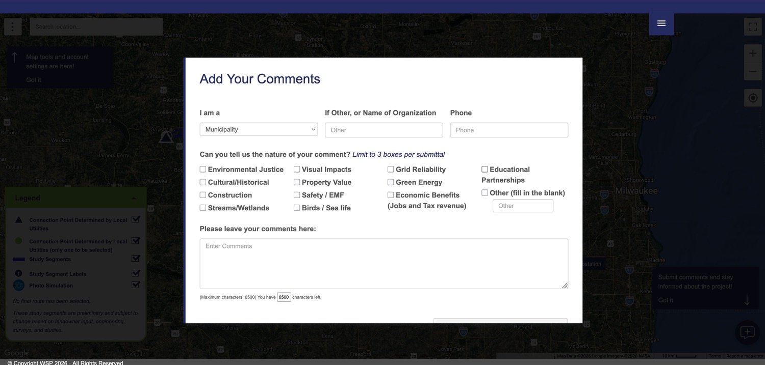 The Add Your Comments form, with an I am a dropdown, organization and phone fields, fourteen topic checkboxes limited to three per submittal, and a comment box with a 6500 character maximum.