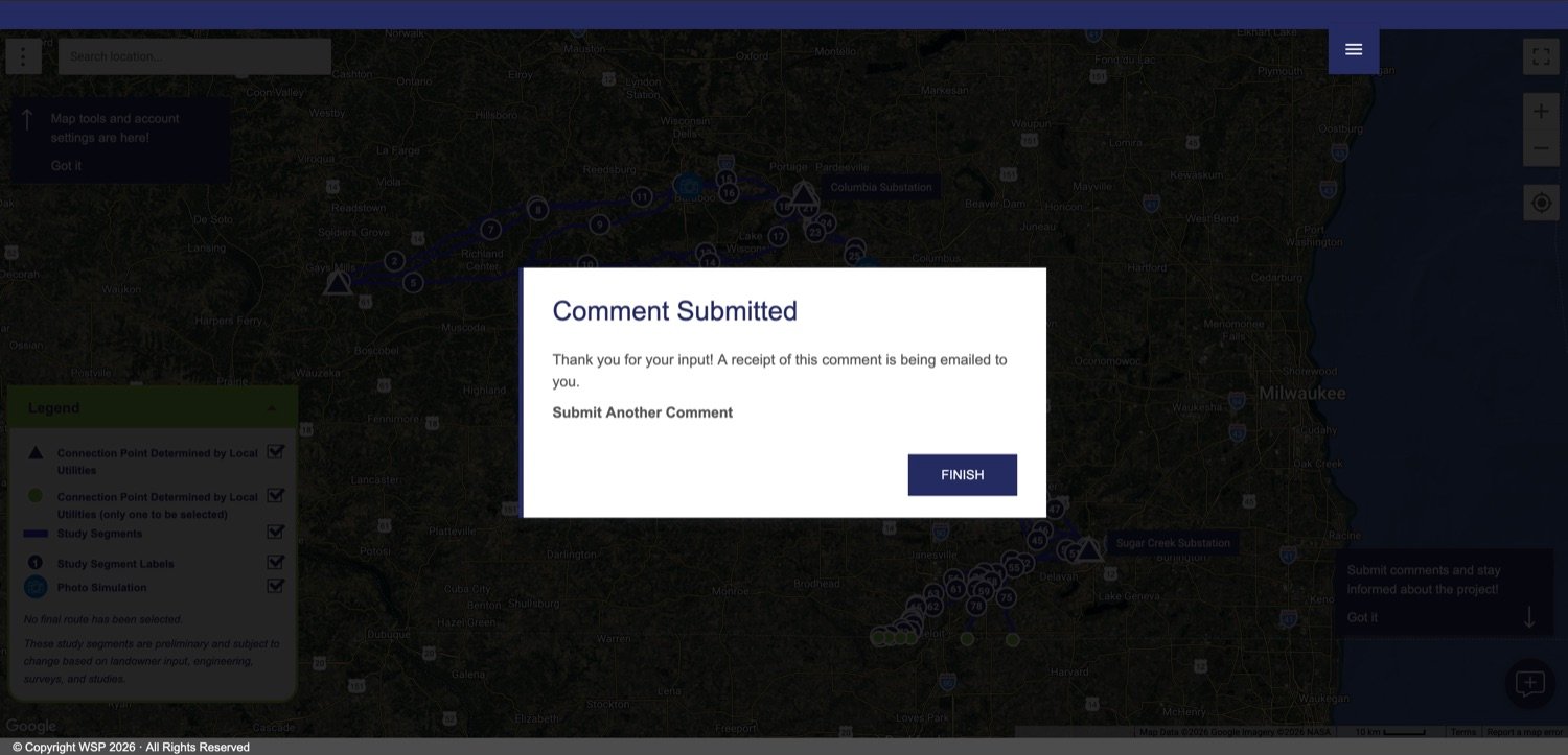The Comment Submitted confirmation box reading: Thank you for your input! A receipt of this comment is being emailed to you, with a Submit Another Comment link and a FINISH button.