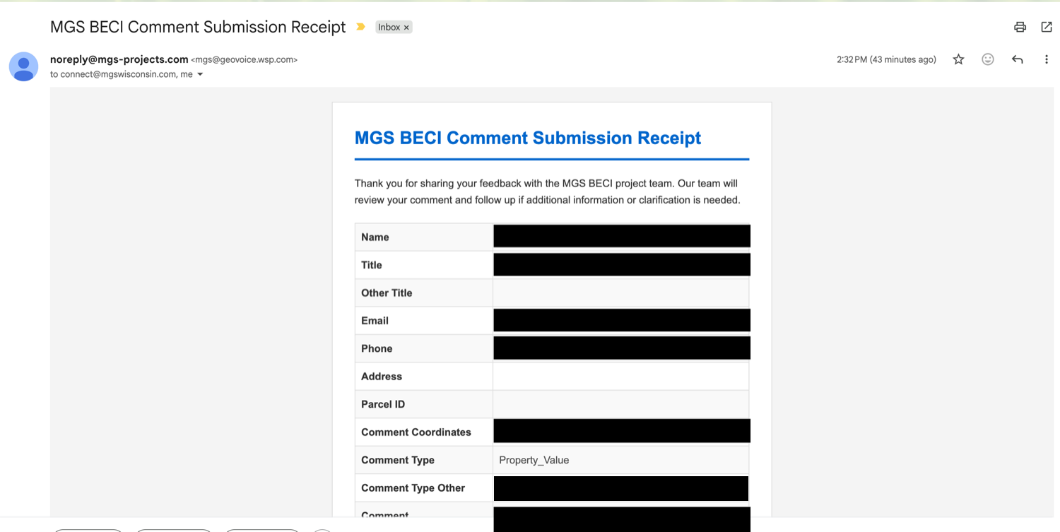 The MGS BECI Comment Submission Receipt email, addressed to connect@mgswisconsin.com and the commenter, listing Name, Title, Email, Phone, Address, Parcel ID, Comment Coordinates, Comment Type and the comment — with the personal fields, coordinates and comment text blacked out.