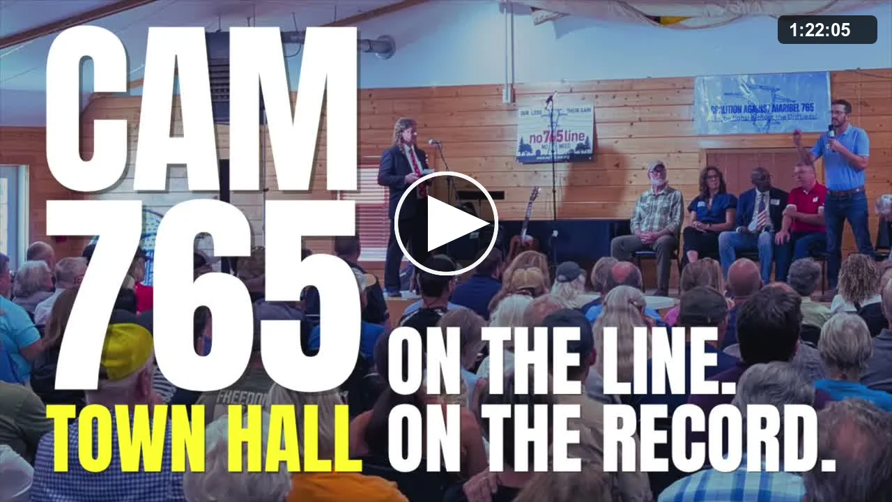 Video title card reading CAM 765 Town Hall — On the Line. On the Record. — over a packed room facing the stage, with a play button and a 1:22:05 duration badge.