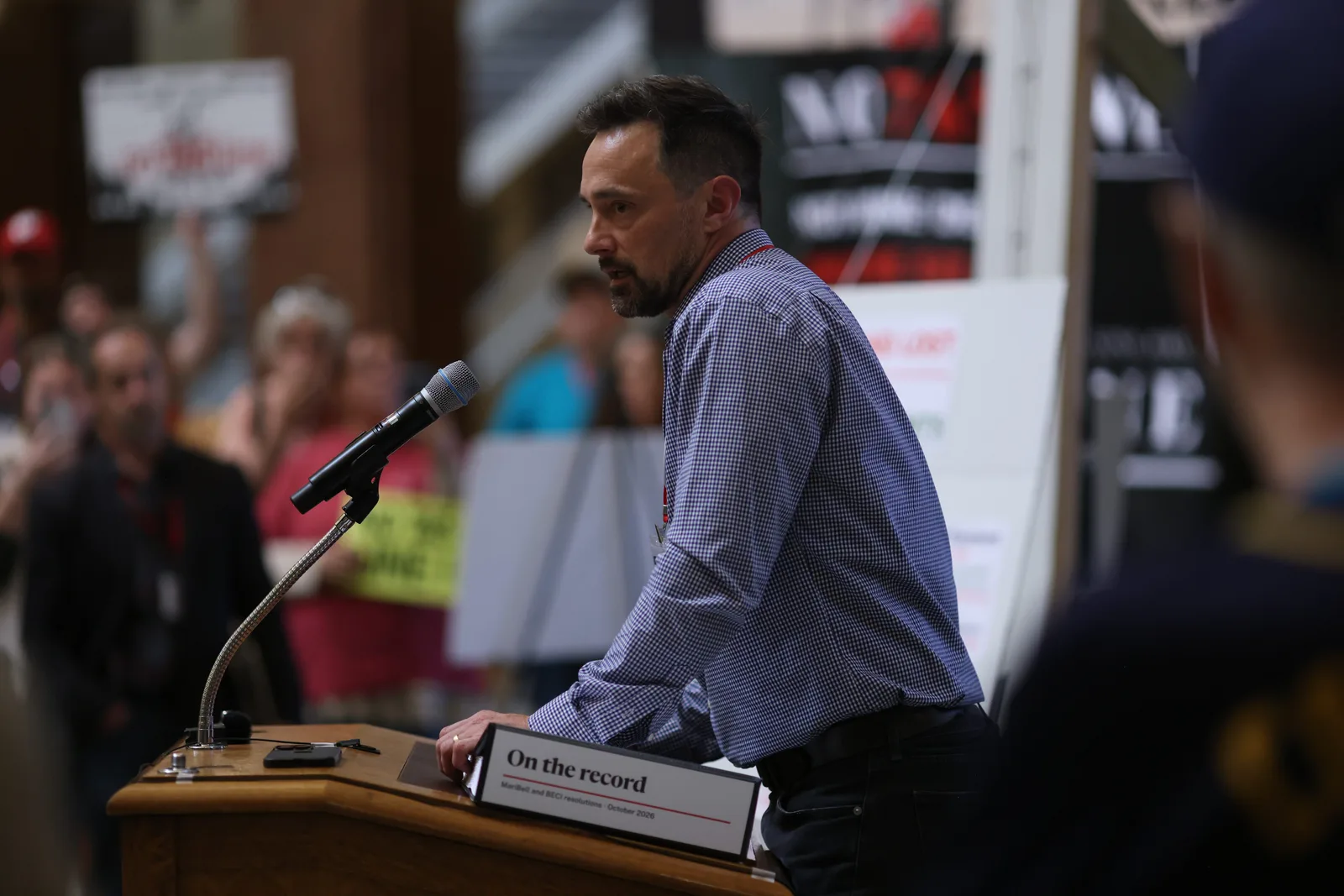 Photo 26 of 34. Michael Browne of No 765 Line speaks at the State of the Campaign Address in the Rotunda.